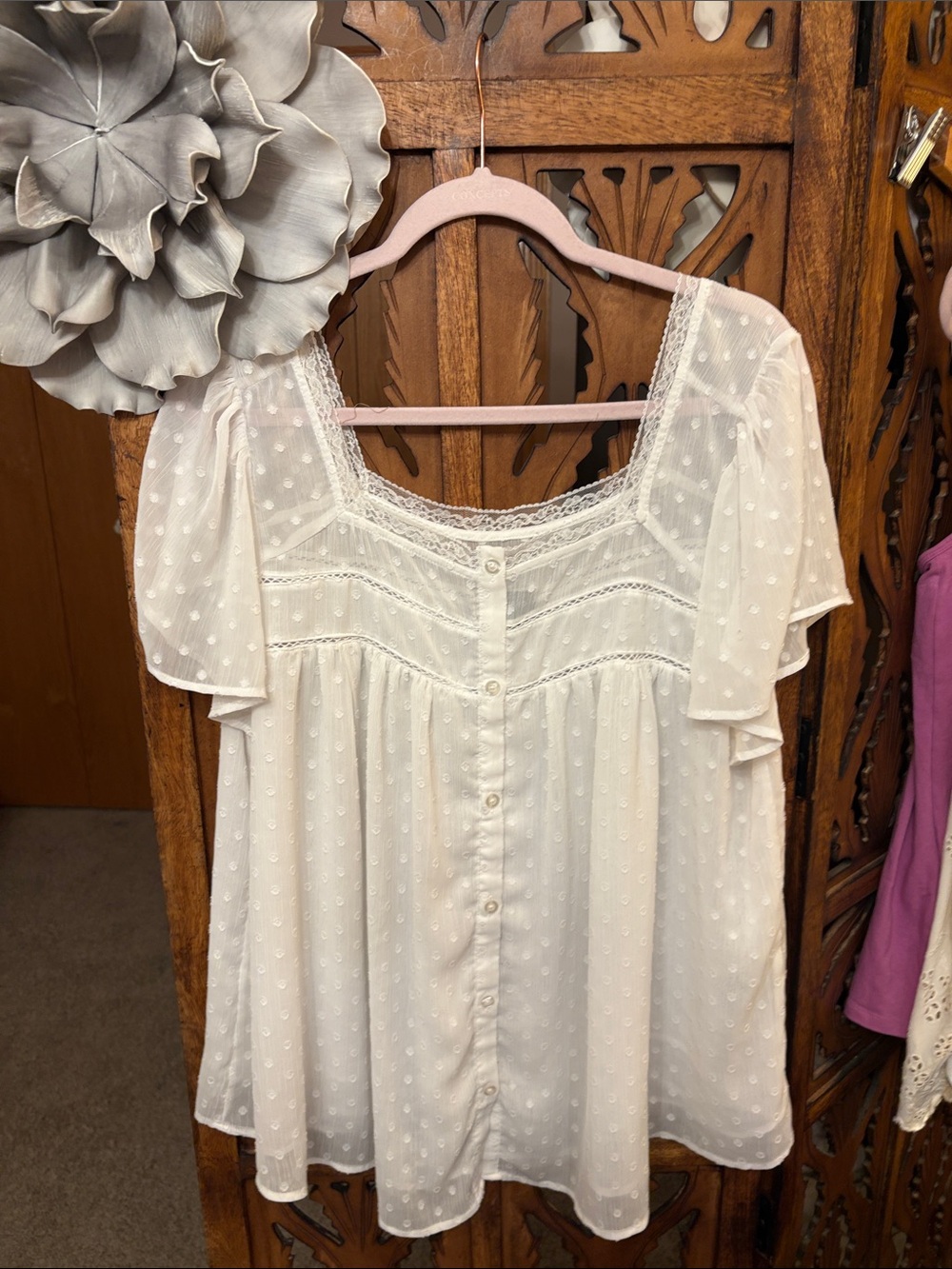 Boho Swiss Dot Lace-Trim Button Front Women's Blouse in White - Picture 6 of 6